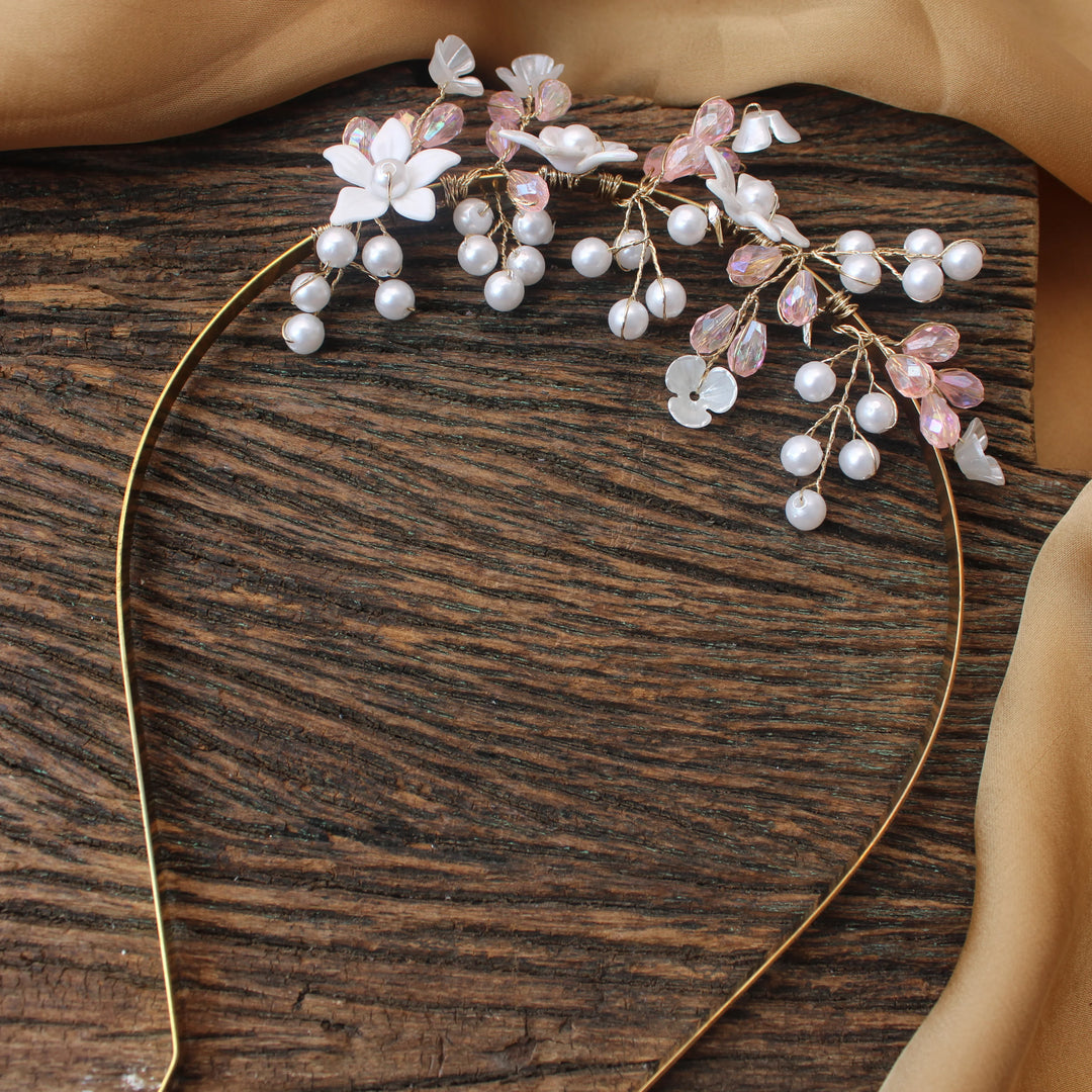 Pearl & Pink Crystal Floral Hairband - Sparkle and Glow