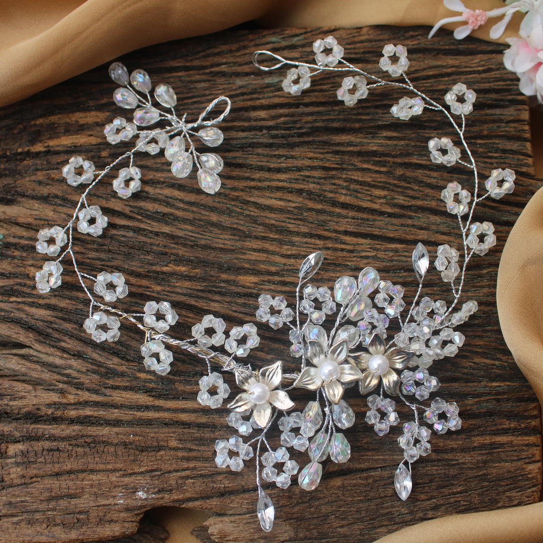 Silver Floral Beaded Hair Gajra – Crystal & Pearl Accents - Sparkle and Glow