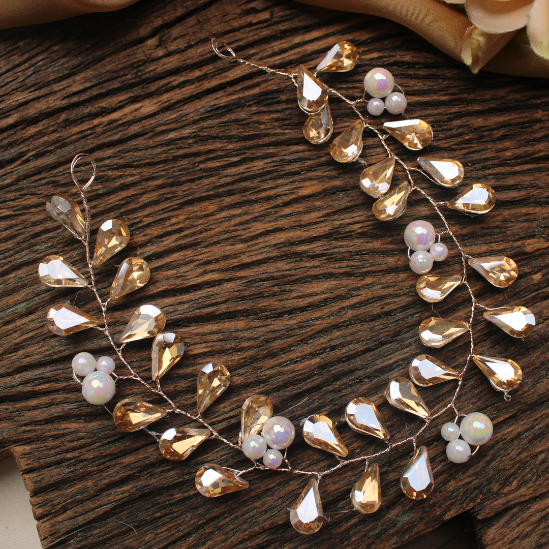 Golden Crystal Pearl Hair Veni – Leaf Design - Sparkle and Glow