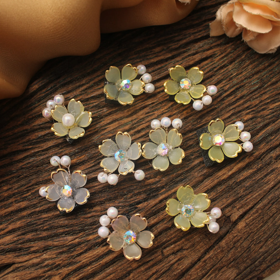 Mini Pearl & Crystal Flower Embellishments – Set of 10 - Sparkle and Glow