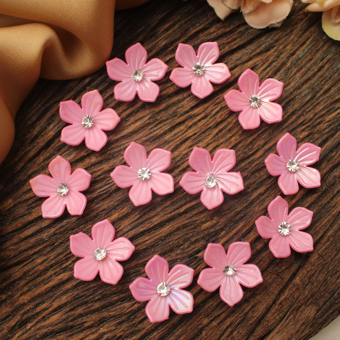 Pink Acrylic Flower Embellishments with Rhinestone Center – Set of 12 - Sparkle and Glow