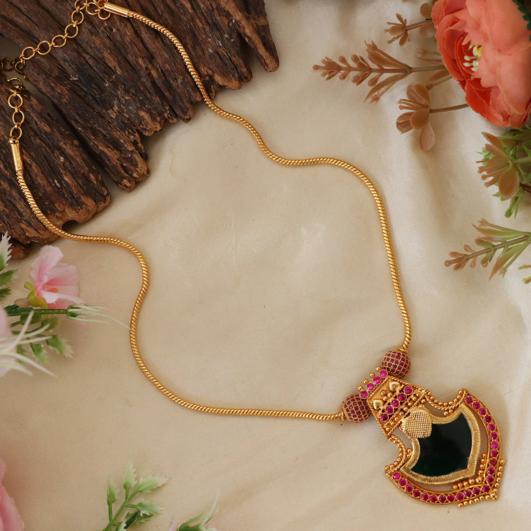 Ruby-Studded Leaf Design Palakka Pendant Necklace