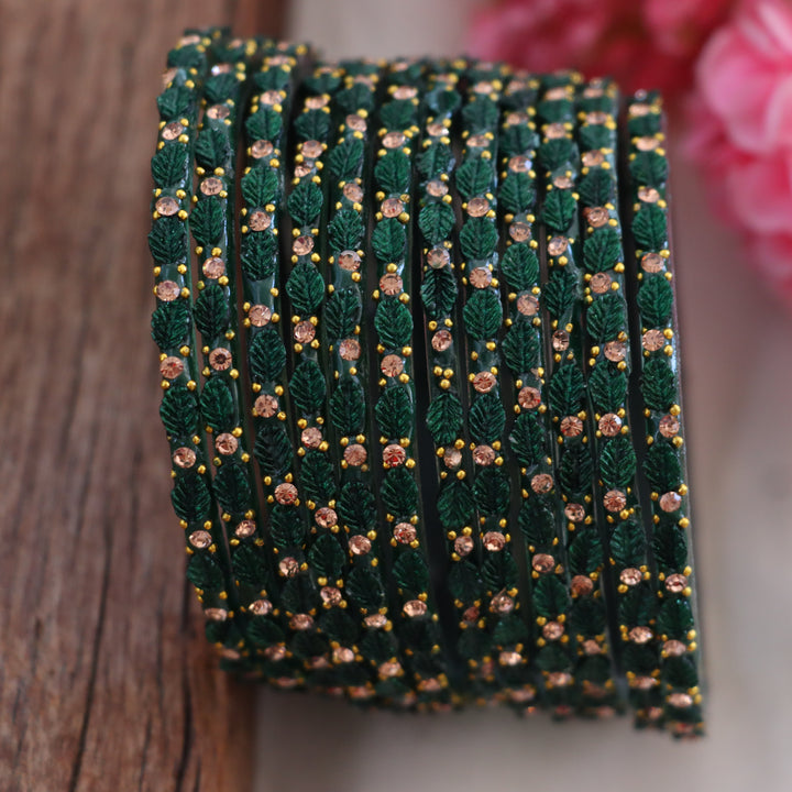 Vintage Leaf-Patterned Stone Glass Bangles Set