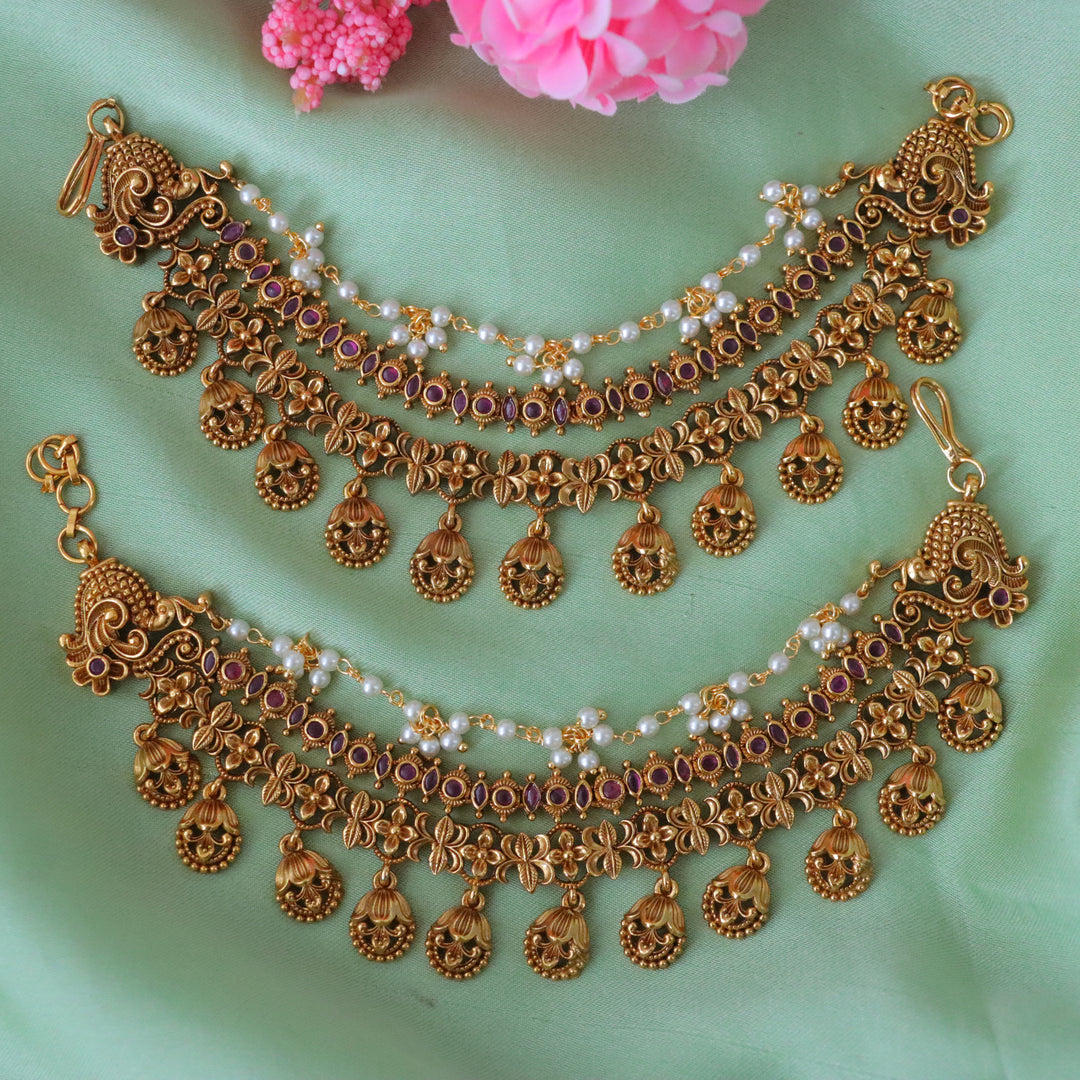 Triple Layer Leaf & Pearl Earchain | Floral Design