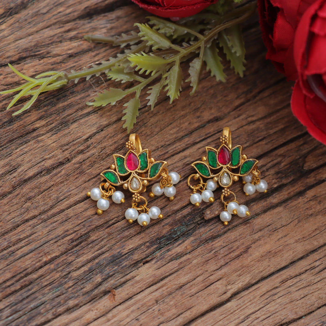 Lotus Jadau Earrings, Multicolor Stones Bugadi