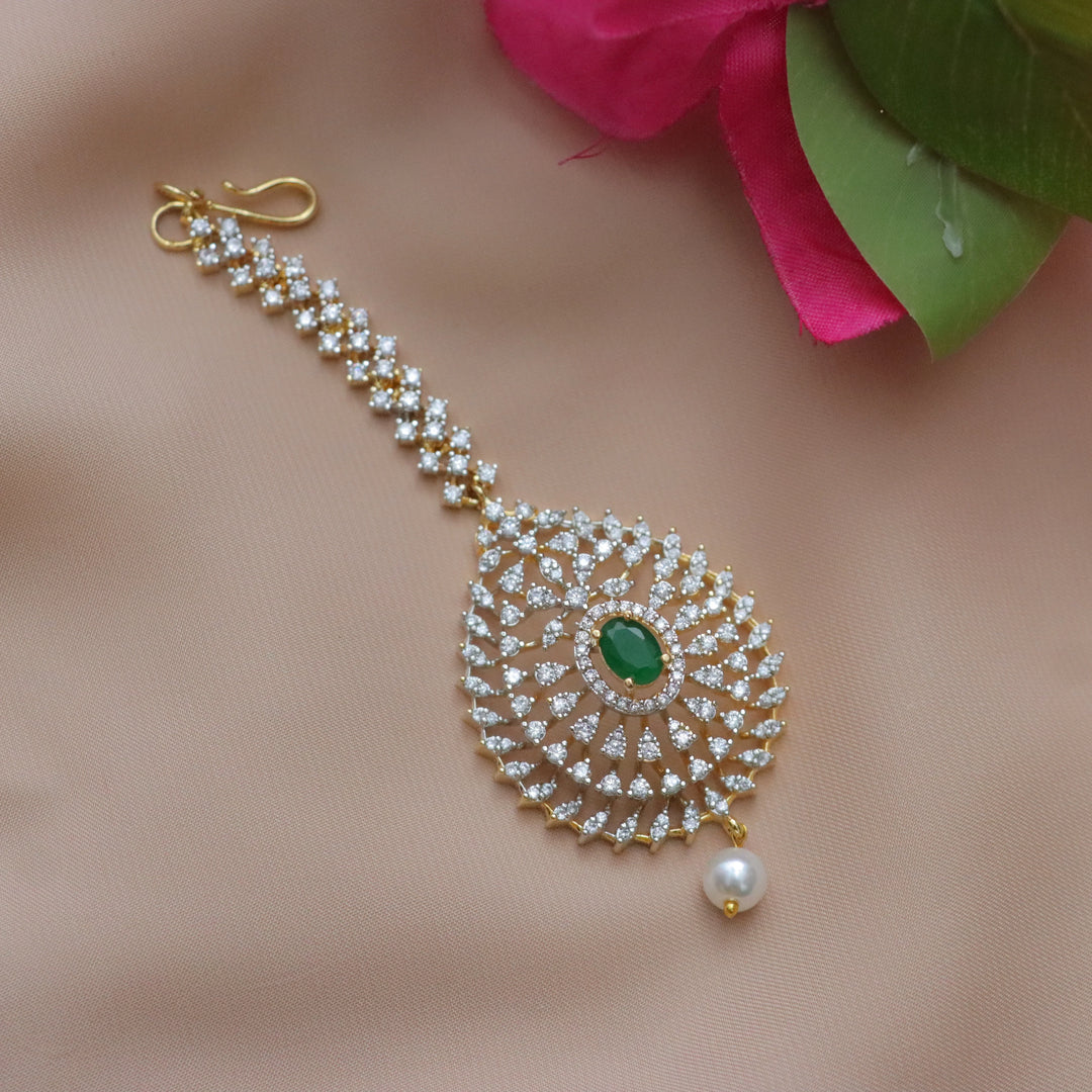 Floral Green AD Maangtikka in GJ Polish | Gracious Jewels