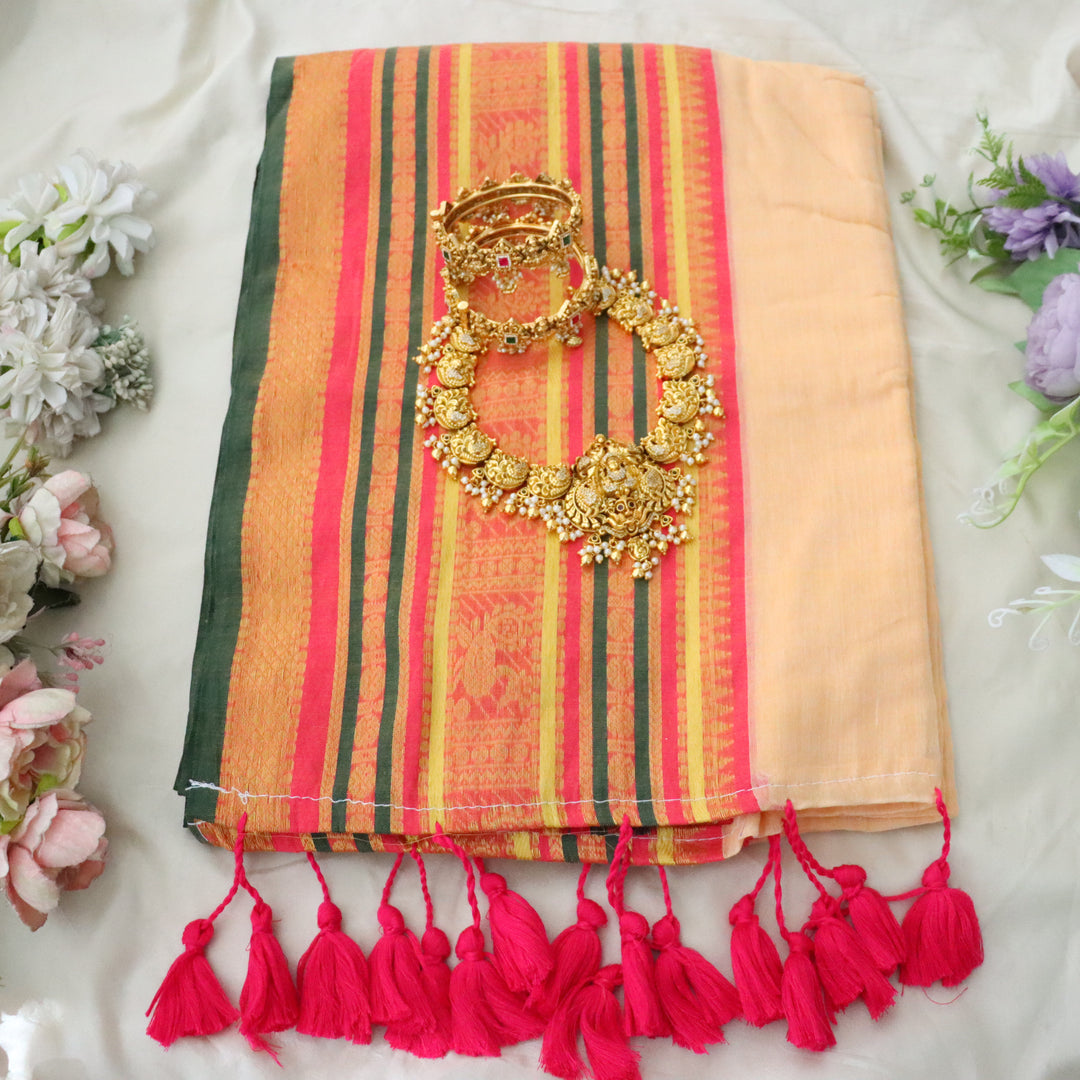 Elegant Mulmul Cotton Saree with Zari Border | Sparkle & Glow