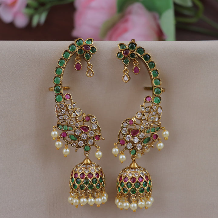 Grand Peacock Floral Kemp Ear Cuff Jhumka Earrings