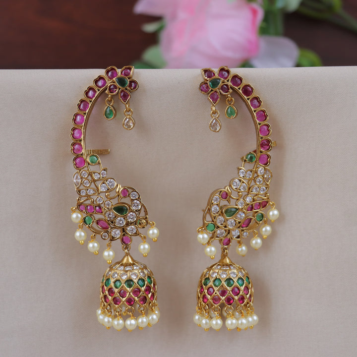 Grand Peacock Floral Kemp Ear Cuff Jhumka Earrings