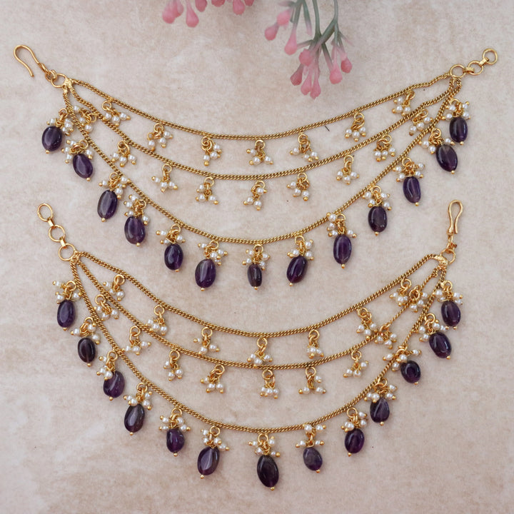 Elegant Three Layered Gold Alike Earchain with Pearls