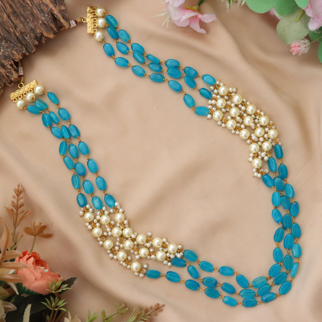 Triple Layer Blue Bead & Pearl Necklace
