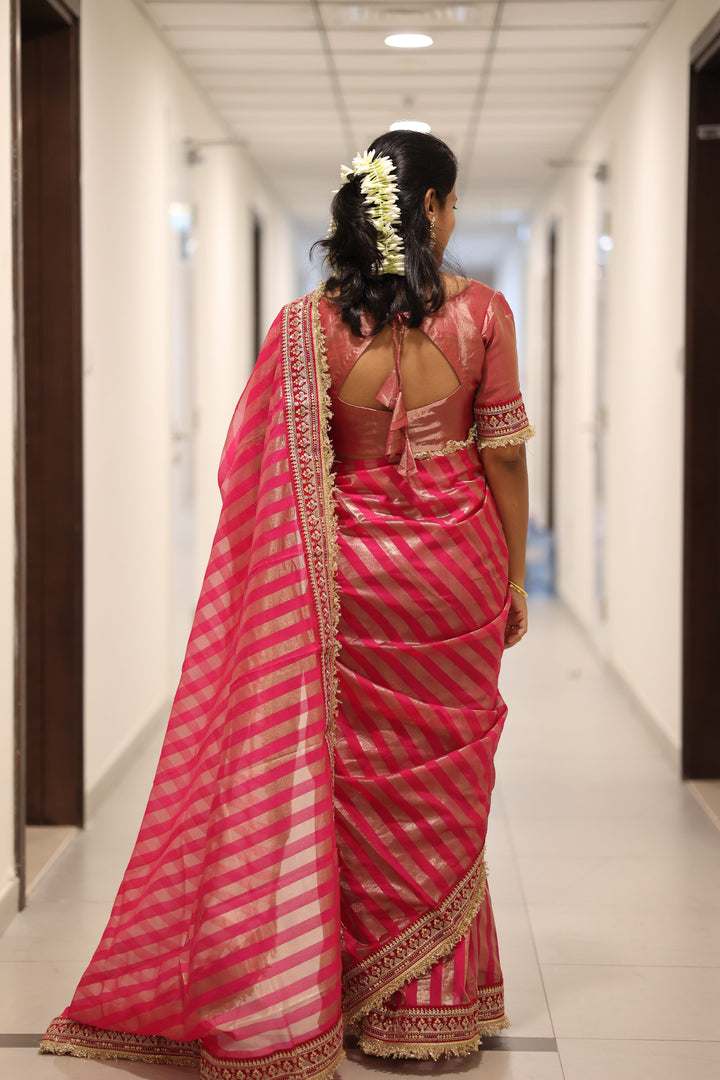 Premium Pink Banarasi Silk Saree, Embroidered Border