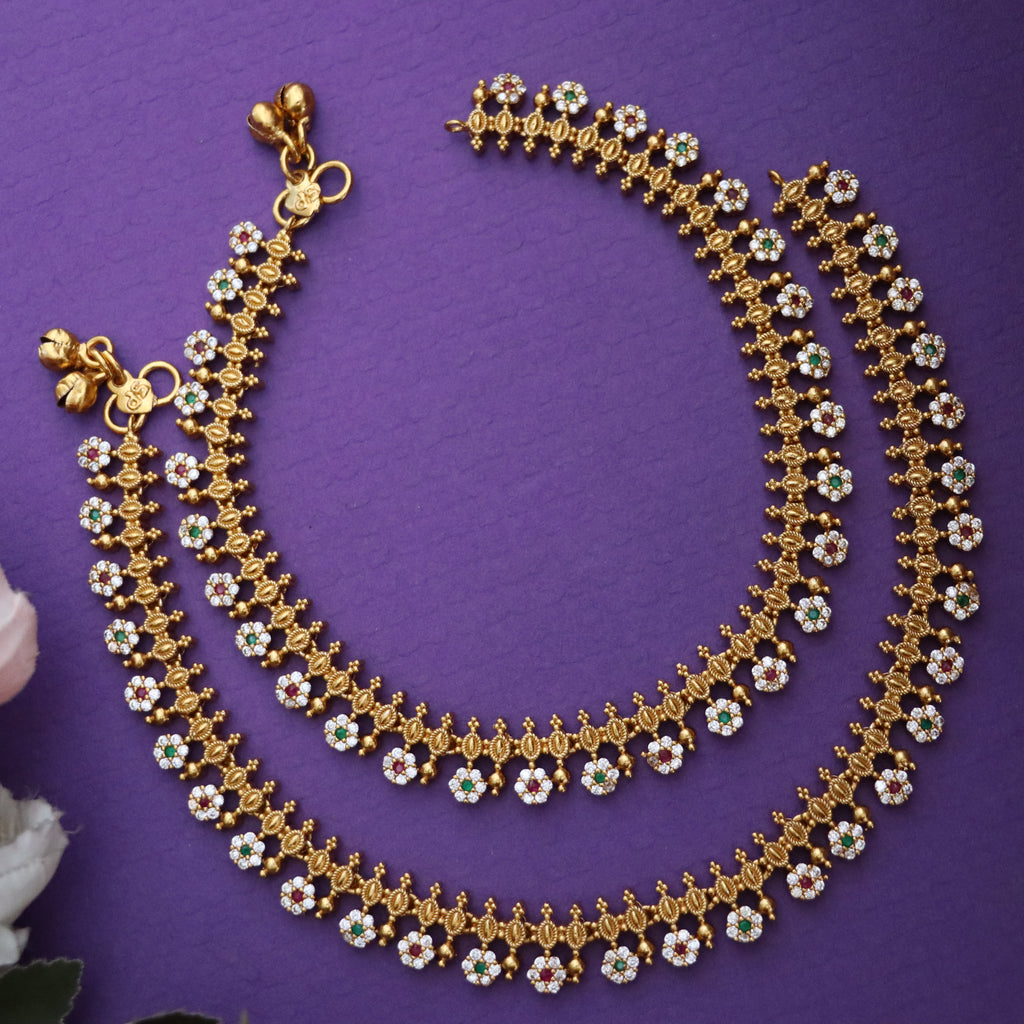 Beautiful Floral Gold Beaded Anklet Set for Festivities