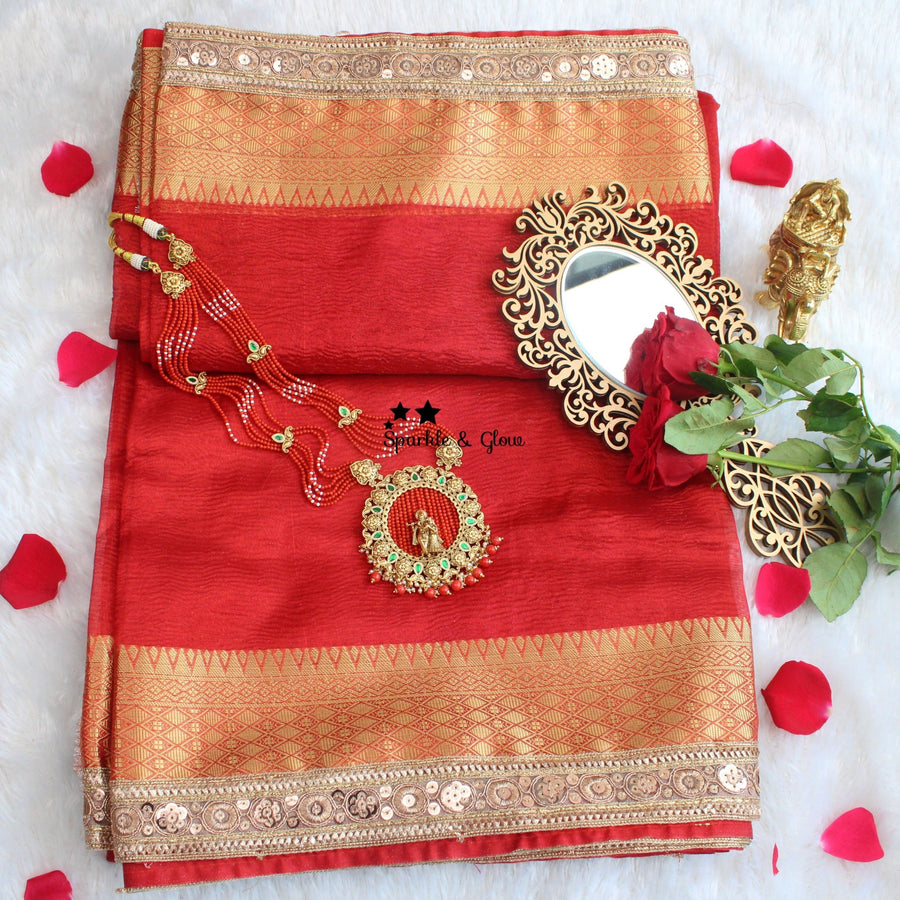 Stunning Red and Gold Banarasi Silk saree with blouse piece - Sparkle and Glow - 