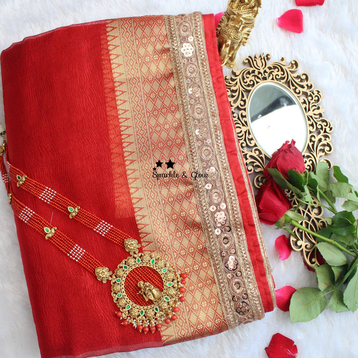 Stunning Red and Gold Banarasi Silk saree with blouse piece - Sparkle and Glow - 