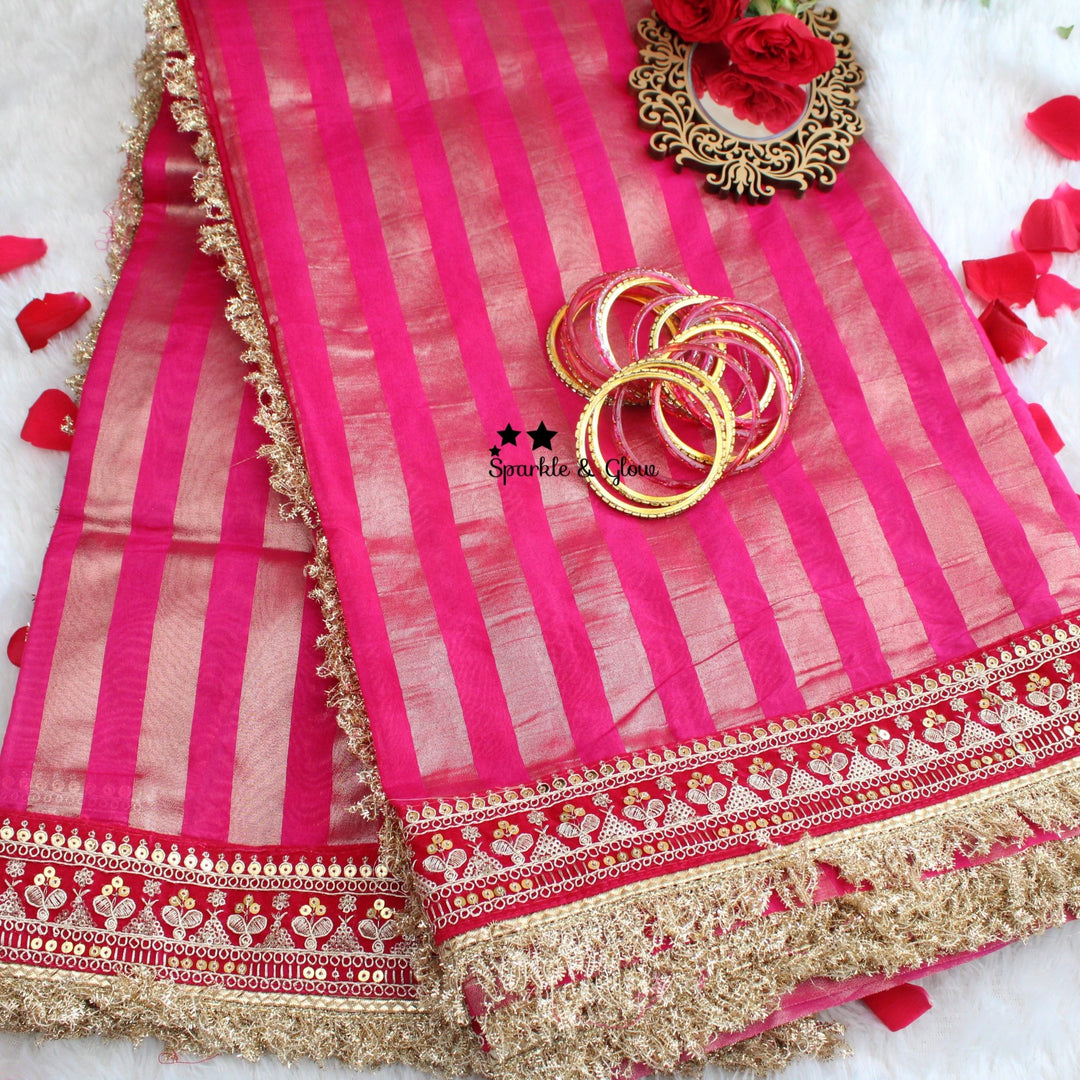 Beautiful Premium pink Banarasi Silk saree with embroidered border - Sparkle and Glow - 