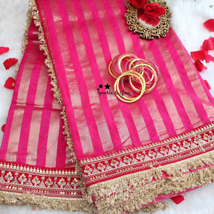 Beautiful Premium pink Banarasi Silk saree with embroidered border - Sparkle and Glow - 