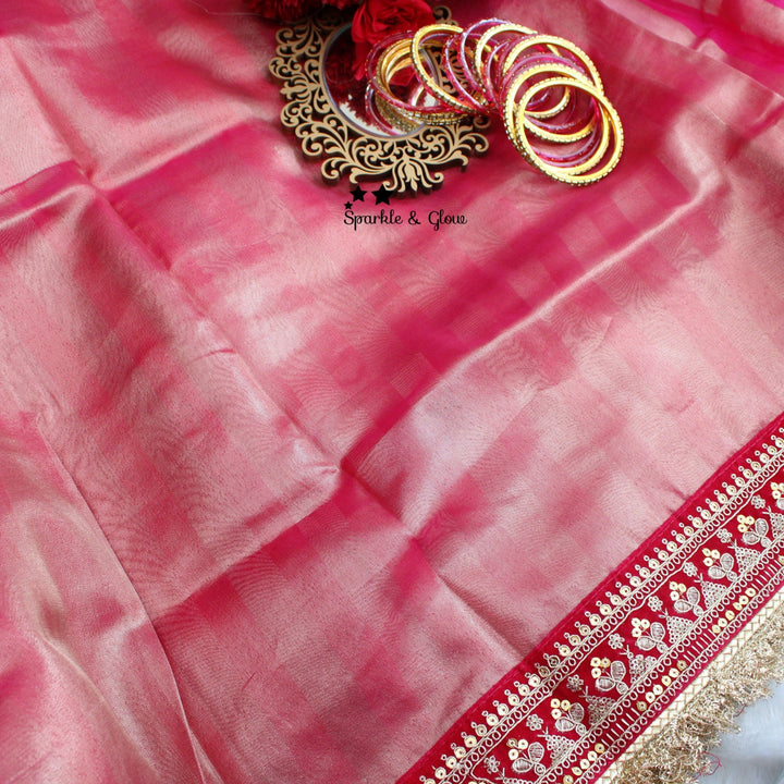 Beautiful Premium pink Banarasi Silk saree with embroidered border - Sparkle and Glow - 