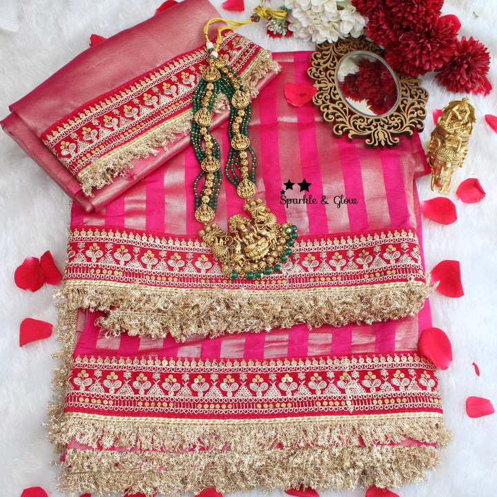 Beautiful Premium pink Banarasi Silk saree with embroidered border - Sparkle and Glow - 