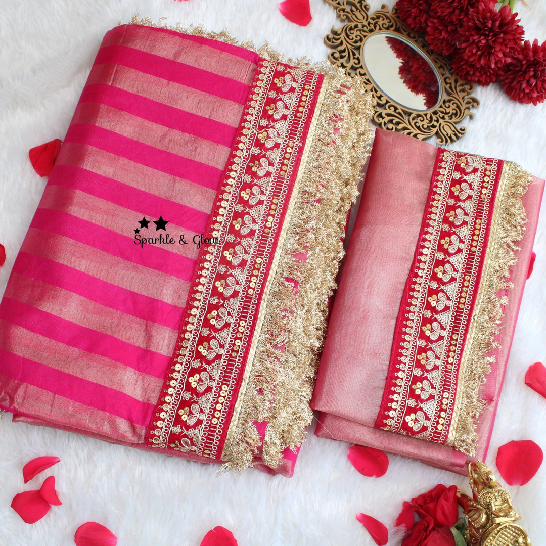 Beautiful Premium pink Banarasi Silk saree with embroidered border - Sparkle and Glow - 
