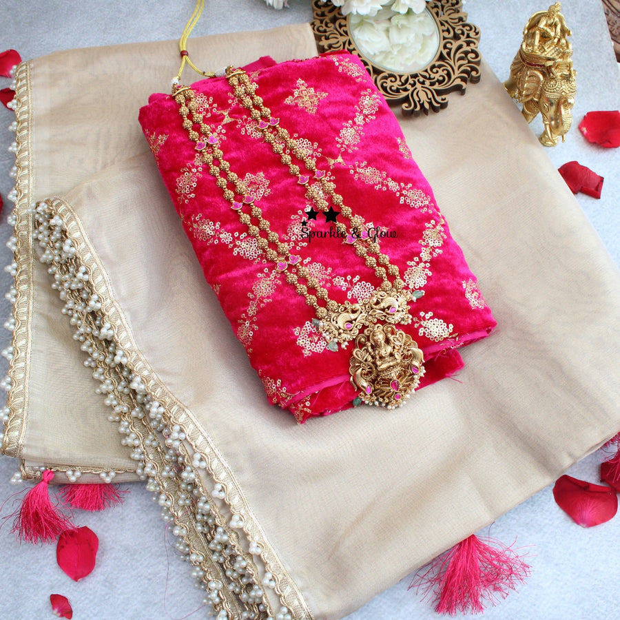 Elegant banarasi tissue silk saree with contrast grand blouse piece - Sparkle and Glow - Cream - Pink - 