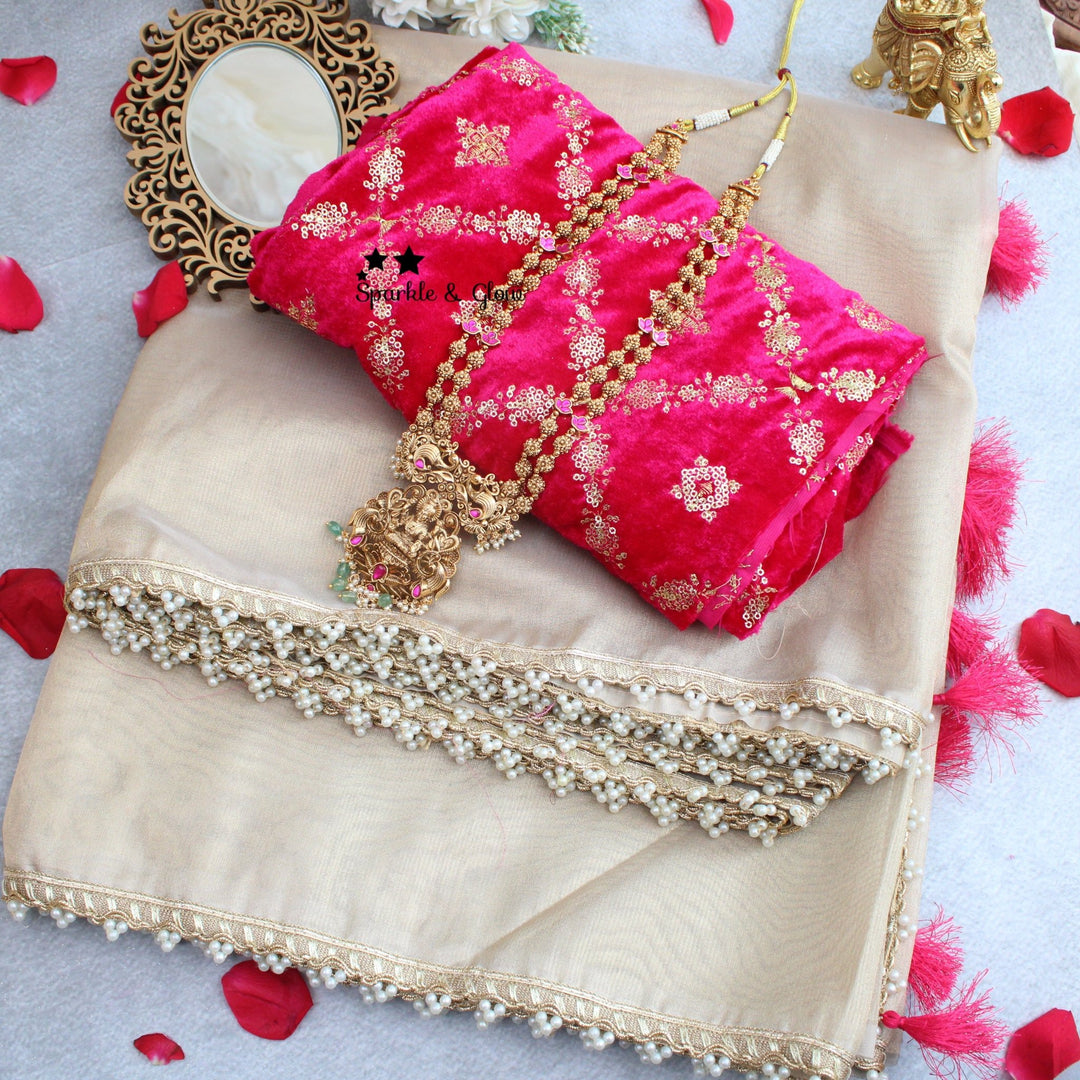 Elegant banarasi tissue silk saree with contrast grand blouse piece - Sparkle and Glow - Cream - Pink - 