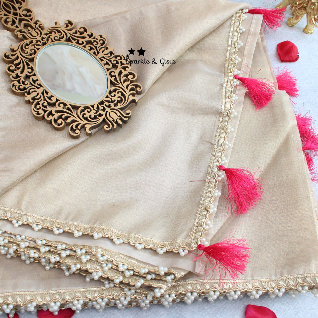 Elegant banarasi tissue silk saree with contrast grand blouse piece - Sparkle and Glow - Cream - Pink - 