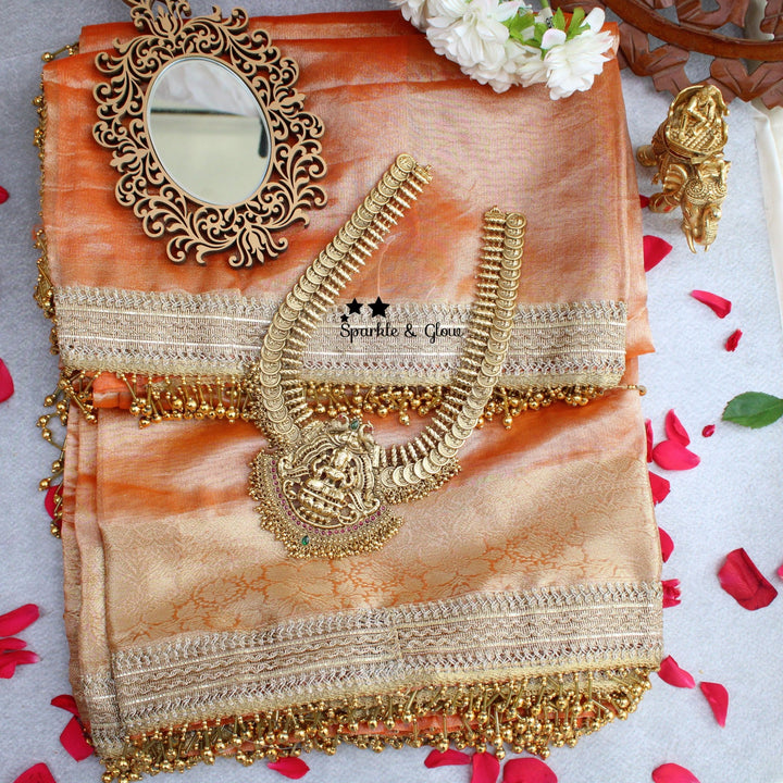 Grand Orange and Gold Banarasi Silk Saree with blouse piece - Sparkle and Glow - 