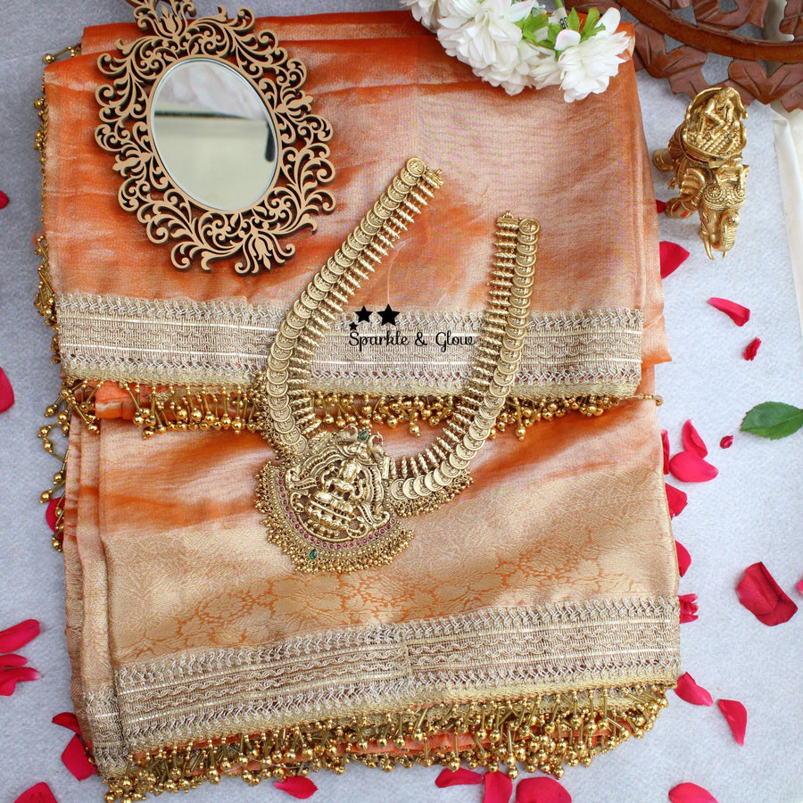 Grand Orange and Gold Banarasi Silk Saree with blouse piece - Sparkle and Glow - 