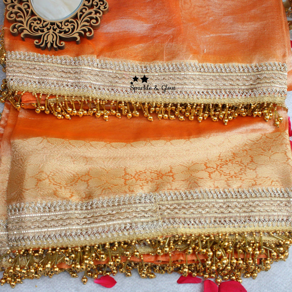 Grand Orange and Gold Banarasi Silk Saree with blouse piece - Sparkle and Glow - 