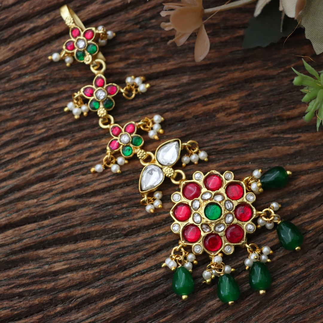 Jadau Floral Tikka with Green Beads