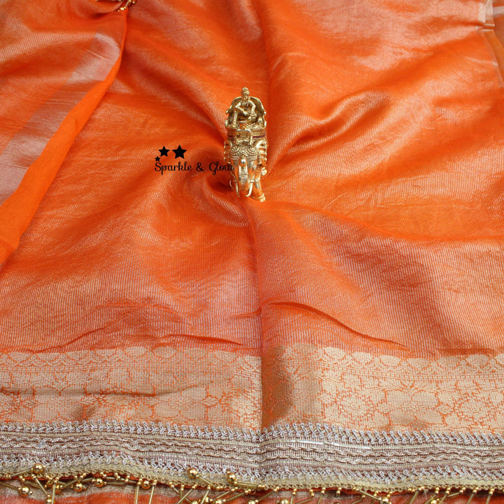 Grand Orange and Gold Banarasi Silk Saree with blouse piece - Sparkle and Glow - 
