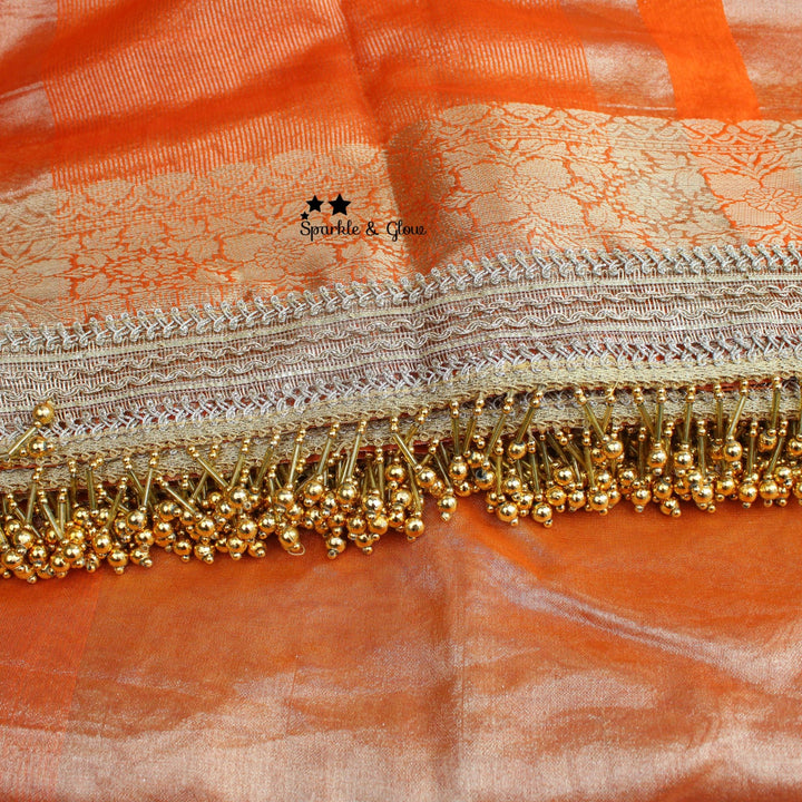 Grand Orange and Gold Banarasi Silk Saree with blouse piece - Sparkle and Glow - 