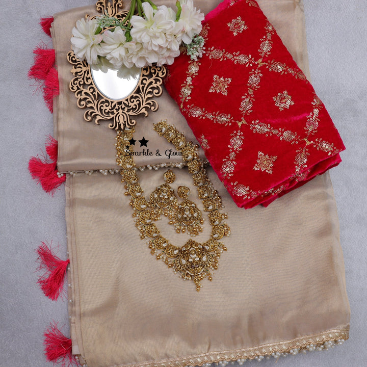 Elegant banarasi tissue silk saree with contrast grand blouse piece - Sparkle and Glow - Cream - Red - 