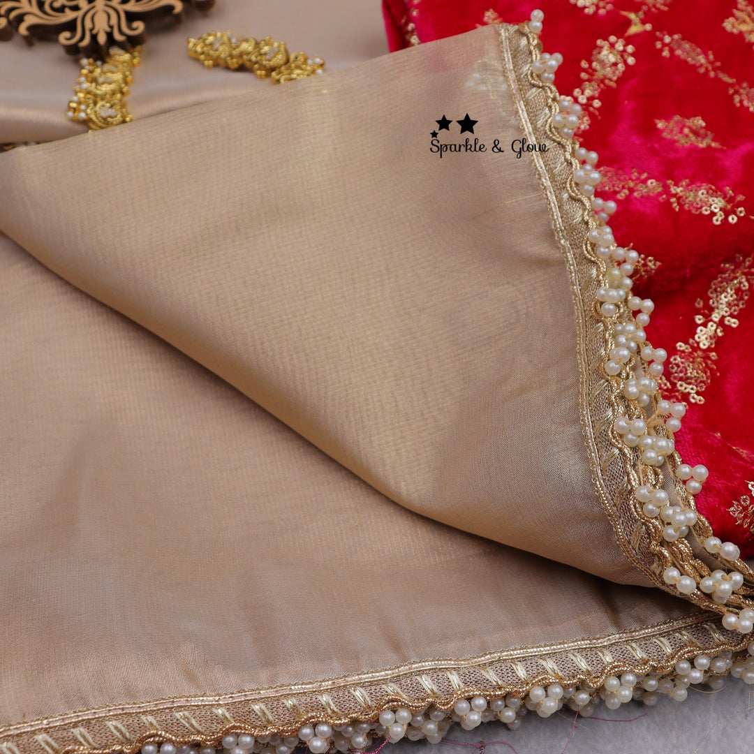 Elegant banarasi tissue silk saree with contrast grand blouse piece - Sparkle and Glow - Cream - Red - 