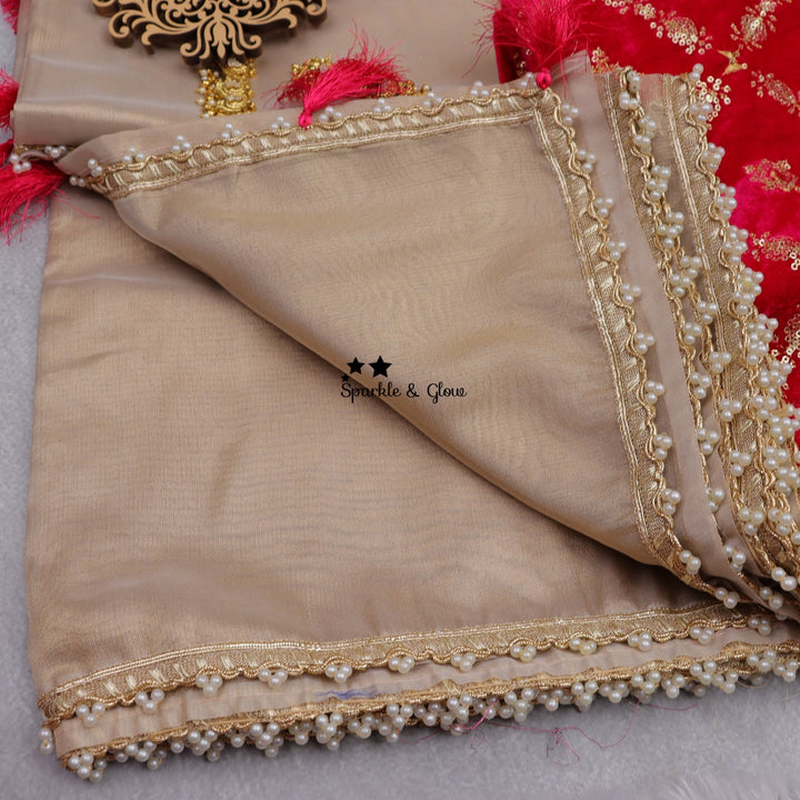 Elegant banarasi tissue silk saree with contrast grand blouse piece - Sparkle and Glow - Cream - Red - 