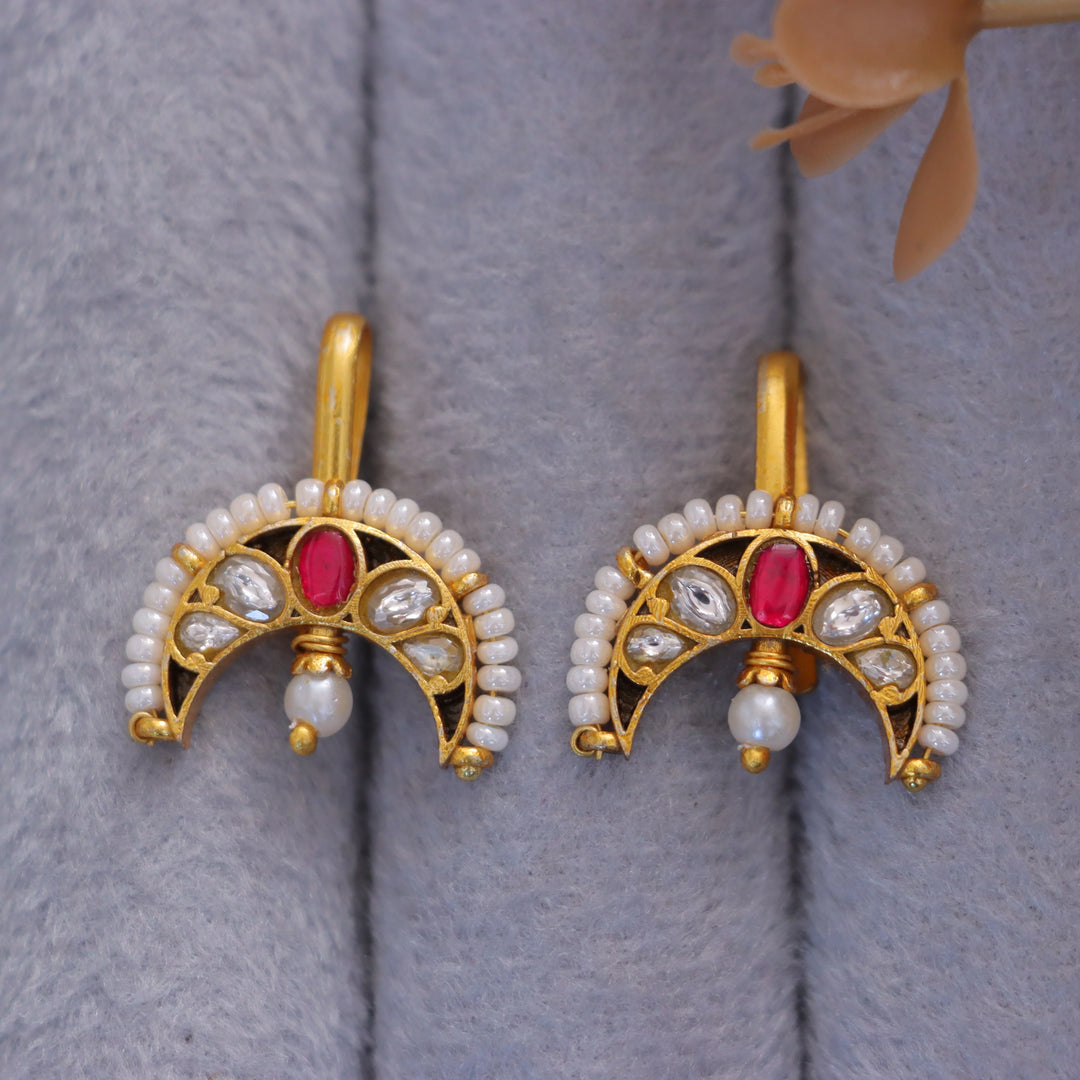 Crescent Jadau Kundan Bugadi Earrings with Pearls