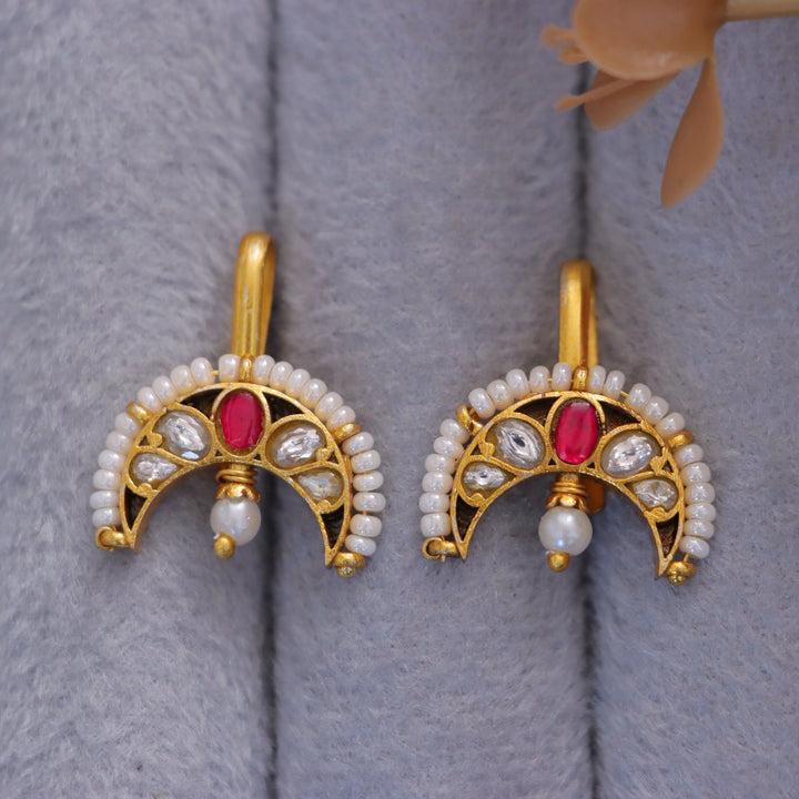 Crescent Jadau Kundan Bugadi Earrings with Pearls