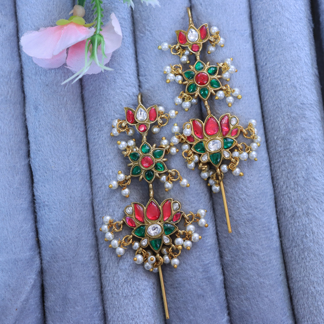 Jadau Kundan Lotus Floral Needle Ear Cuff Earrings