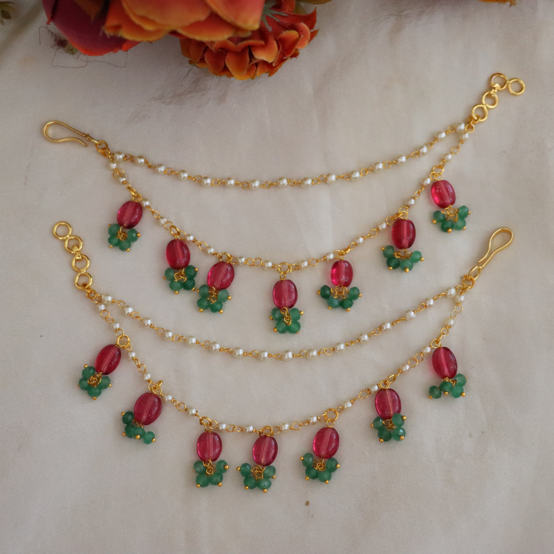 Enchanting Pearl & Green Bead Ear Chain - Festive Elegance Preorder