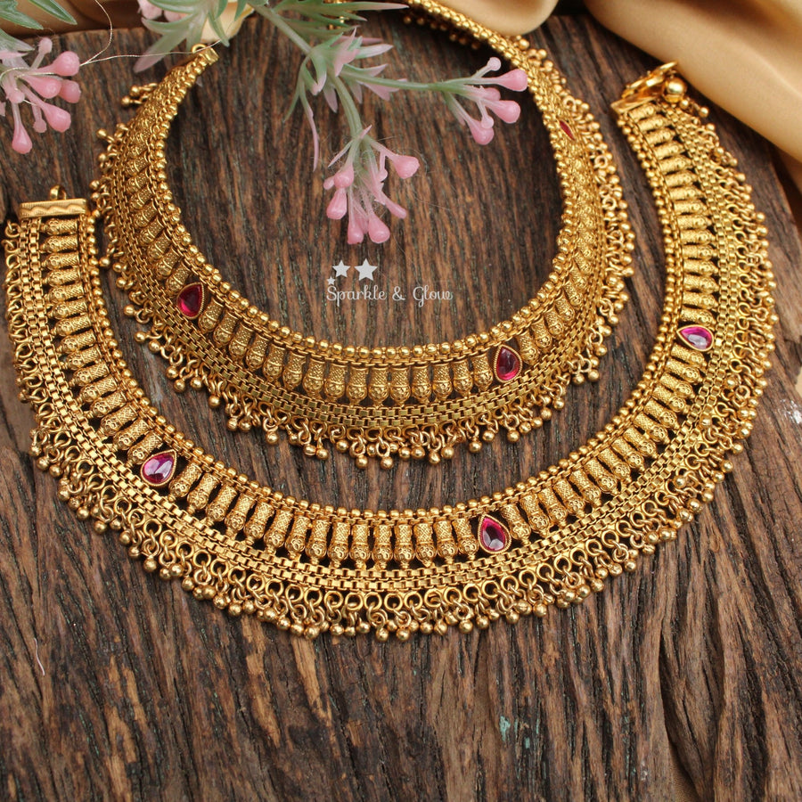 Premium Antique Gold Traditional Anklet Set with Ruby Stones - Sparkle and Glow - 