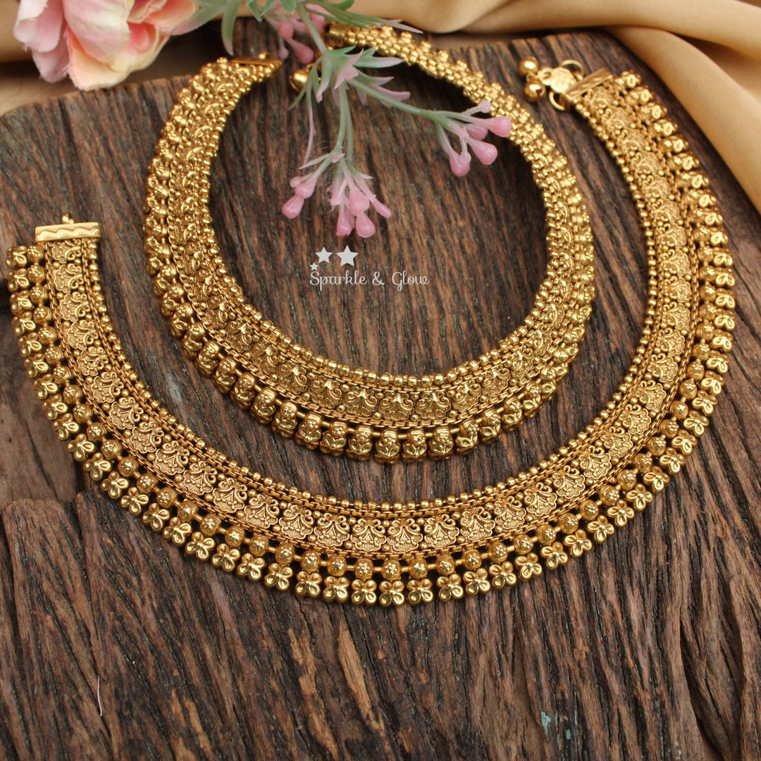 Antique Gold Floral Anklet Set Traditional Bridal Jewelry - Sparkle and Glow - 