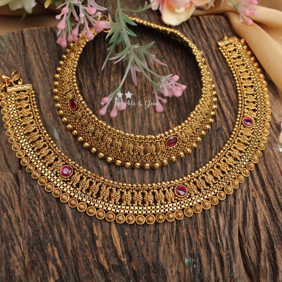 Antique Gold Anklet Set with Ruby Stone Accents - Sparkle and Glow - 