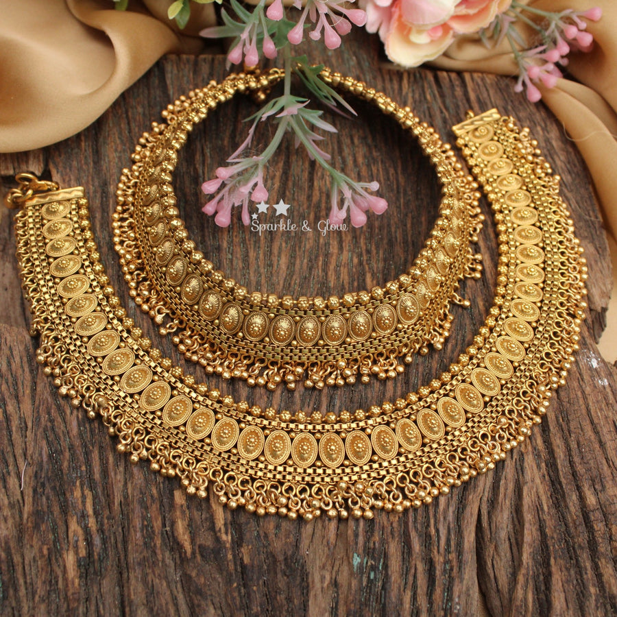 Antique Matte Gold Statement Anklet Set – Classic Coin Motif Design - Sparkle and Glow - 
