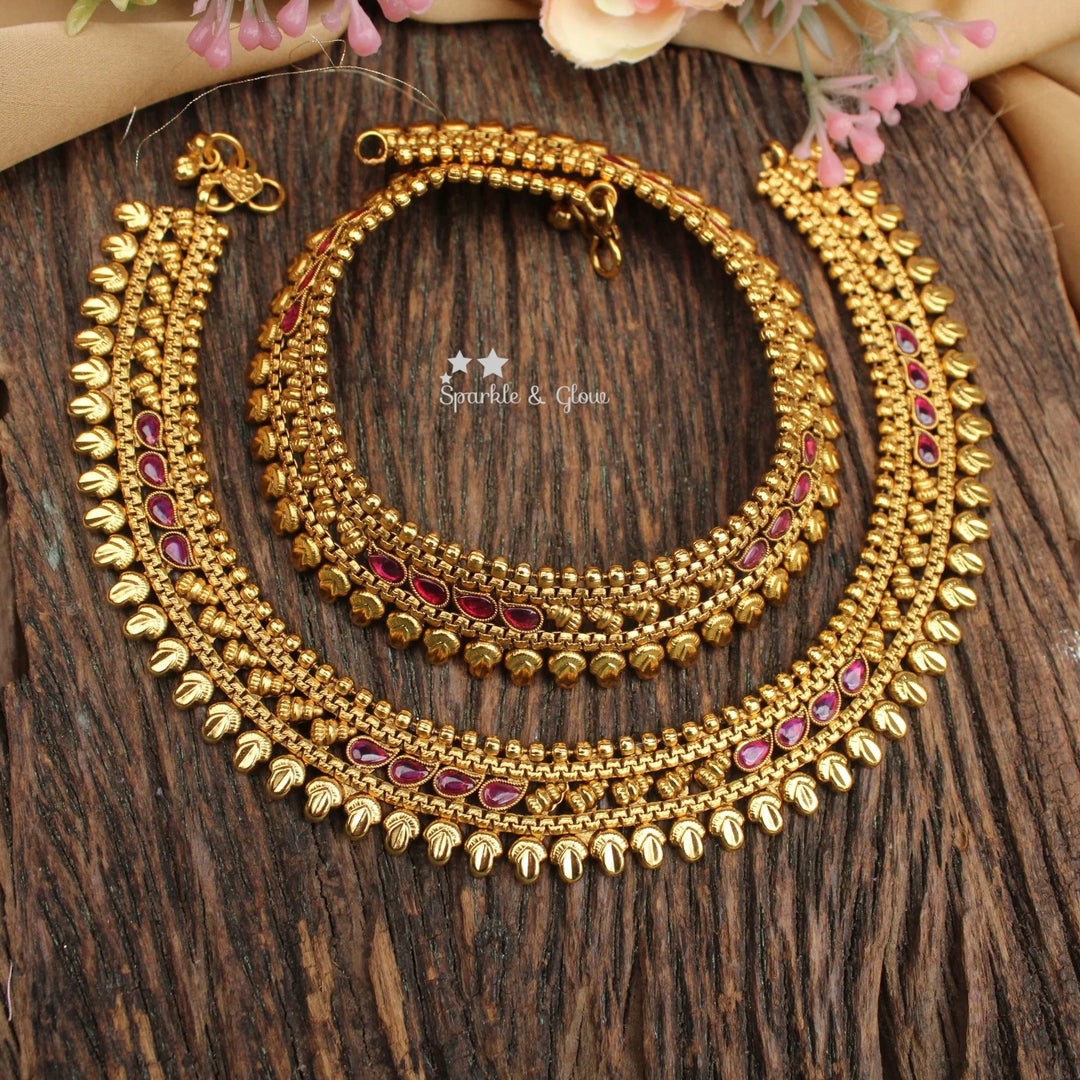 Pretty Antique Matte Gold Ruby Stone Anklet Set – Traditional South Indian Style - Sparkle and Glow