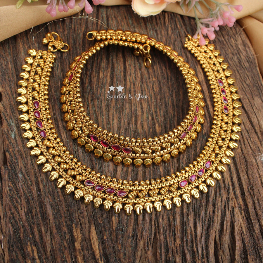 Pretty Antique Matte Gold Ruby Stone Anklet Set – Traditional South Indian Style - Sparkle and Glow - 
