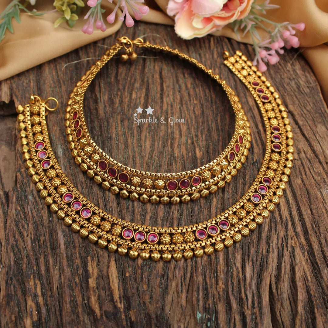Beautiful Antique Gold-alike Anklet Set with Ruby Pink Stones - Sparkle and Glow