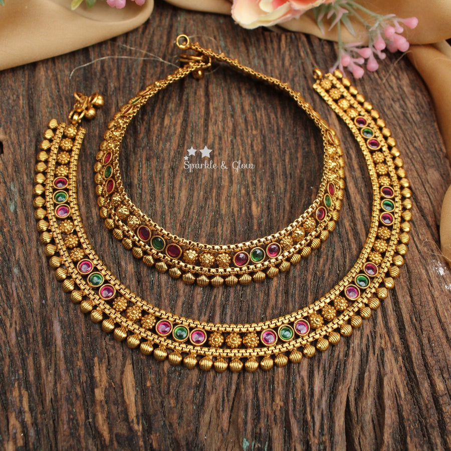 Traditional Gold - alike Anklet Set with Multicolor Stones - Sparkle and Glow - 