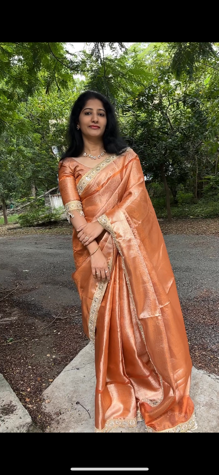 Premium Peach Gold Kanjivaram Silk Saree with Embellished Border