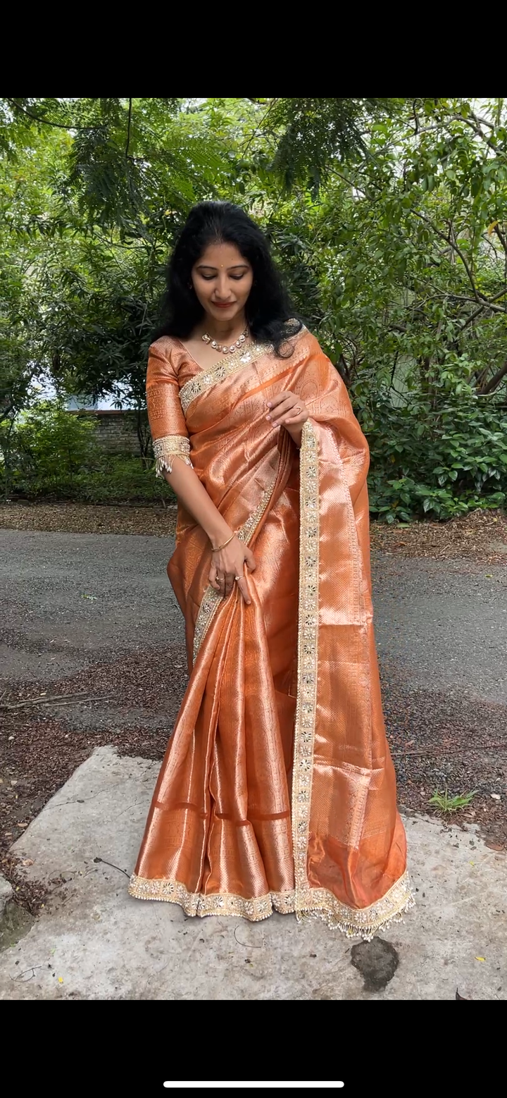 Premium Peach Gold Kanjivaram Silk Saree with Embellished Border